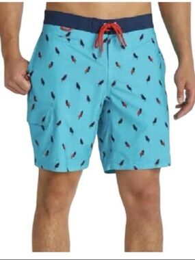Duluth Trading Co. Men's Bull Moose parrot print board shorts in blue size 46